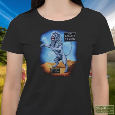 Women's Rolling Stones 1997 Bridges To Babylon Concert Tour Rock T Shirt In Black, Front View On Light Wood Background