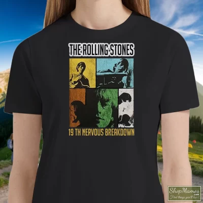 Women's Rolling Stones 19th Nervous Breakdown T Shirt In Black, Front View On Light Wood Background