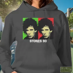 Rolling Stones 90s Keith Richards Tour Shirt 6 Women's Rolling Stones 90s Keith Richards Tour Hoodie In Charcoal, Front View On Dark Wood Background