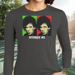Rolling Stones 90s Keith Richards Tour Shirt 8 Women's Rolling Stones 90s Keith Richards Tour Long Sleeve In Charcoal, Front View On Dark Wood Background