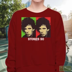 Rolling Stones 90s Keith Richards Tour Shirt 4 Women's Rolling Stones 90s Keith Richards Tour Sweatshirt In Maroon, Front View On Light Wood Background