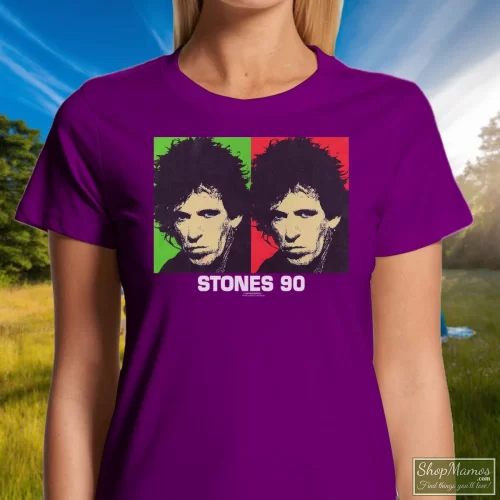 Rolling Stones 90s Keith Richards Tour Women’s T Shirt – Purple Front View On Light Wood Background Women's Rolling Stones 90s Keith Richards Tour T Shirt In Purple, Front View On Light Wood Background
