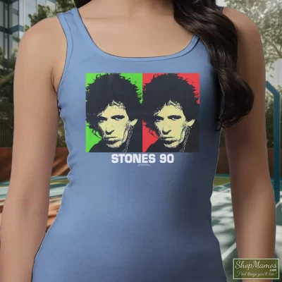Women's Rolling Stones 90s Keith Richards Tour Tank Top In Light Blue, Front View On Dark Wood Background