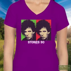 Rolling Stones 90s Keith Richards Tour Shirt 3 Women's Rolling Stones 90s Keith Richards Tour V Neck In Purple, Front View On Light Wood Background