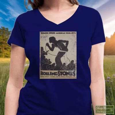 Women's Rolling Stones American Tour 1972 Poster Reproduction Rock Band V Neck In Navy, Front View On Light Wood Background