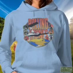 Rolling Stones Around The World Shirt 7 Women's Rolling Stones Around The World Hoodie In Light Blue, Front View On Dark Wood Background