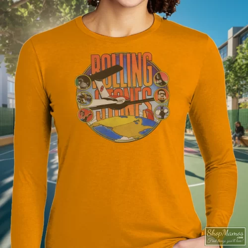 Rolling Stones Around The World Women’s Long Sleeve – Orange Front View On Dark Wood Background Women's Rolling Stones Around The World Long Sleeve In Orange, Front View On Dark Wood Background