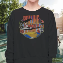 Rolling Stones Around The World Shirt 11 Women's Rolling Stones Around The World Sweatshirt In Black, Front View On Light Wood Background