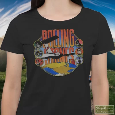 Women's Rolling Stones Around The World T Shirt In Black, Front View On Light Wood Background