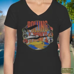 Rolling Stones Around The World Shirt 6 Women's Rolling Stones Around The World V Neck In Black, Front View On Light Wood Background
