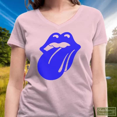 Women's Rolling Stones Blue Lonesome 1972 V Neck In Light Pink, Front View On Dark Wood Background