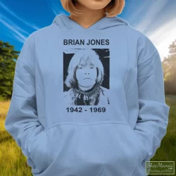 Rolling Stones Brian Jones Shirt 5 Women's Rolling Stones Brian Jones Hoodie In Light Blue, Front View On Dark Wood Background