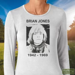 Rolling Stones Brian Jones Shirt 9 Women's Rolling Stones Brian Jones Long Sleeve In White, Front View On Dark Wood Background