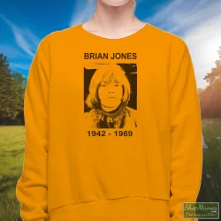 Rolling Stones Brian Jones Shirt 2 Women's Rolling Stones Brian Jones Sweatshirt In Orange, Front View On Dark Wood Background