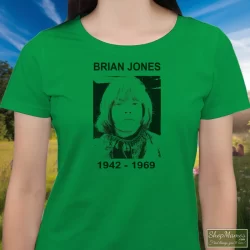 Rolling Stones Brian Jones Shirt 3 Women's Rolling Stones Brian Jones T Shirt In Irish Green, Front View On Light Wood Background