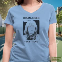 Rolling Stones Brian Jones Shirt 7 Women's Rolling Stones Brian Jones V Neck In Light Blue, Front View On Dark Wood Background