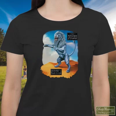 Women's Rolling Stones Bridges To Babylon World Tour T Shirt In Black, Front View On Light Wood Background