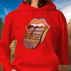 Rolling Stones Bridges To Babylon World Tour Tongue Shirt 2 Women's Rolling Stones Bridges To Babylon World Tour Tongue Hoodie In Red, Front View On Dark Wood Background