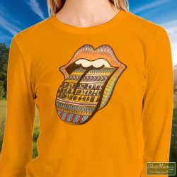 Rolling Stones Bridges To Babylon World Tour Tongue Shirt 9 Women's Rolling Stones Bridges To Babylon World Tour Tongue Sweatshirt In Orange, Front View On Dark Wood Background