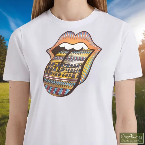 Rolling Stones Bridges To Babylon World Tour Tongue Women’s T Shirt – White Front View On Dark Wood Background Women's Rolling Stones Bridges To Babylon World Tour Tongue T Shirt In White, Front View On Dark Wood Background