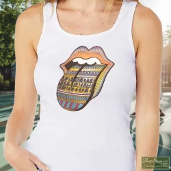 Rolling Stones Bridges To Babylon World Tour Tongue Shirt 8 Women's Rolling Stones Bridges To Babylon World Tour Tongue Tank Top In White, Front View On Dark Wood Background