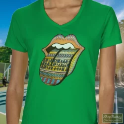 Rolling Stones Bridges To Babylon World Tour Tongue Shirt 6 Women's Rolling Stones Bridges To Babylon World Tour Tongue V Neck In Irish Green, Front View On Light Wood Background