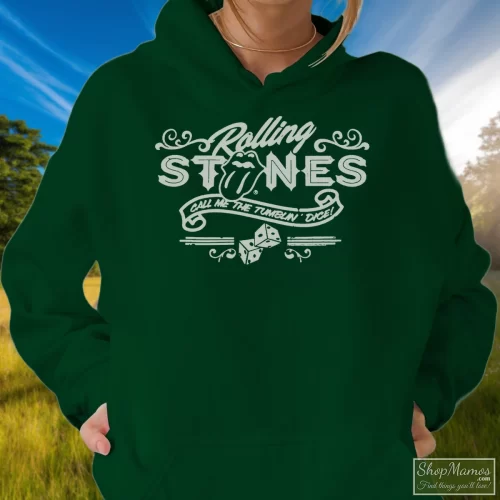 Rolling Stones Call Me The Tumblin Dice Women’s Hoodie – Forest Green Front View On Light Wood Background Women's Rolling Stones Call Me The Tumblin Dice Hoodie In Forest Green, Front View On Light Wood Background