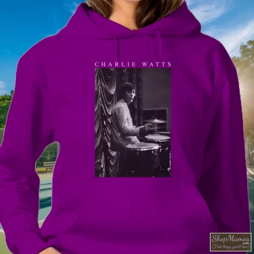 Rolling Stones Charlie Watts Women’s Hoodie – Purple Front View On Light Wood Background Women's Rolling Stones Charlie Watts Hoodie In Purple, Front View On Light Wood Background