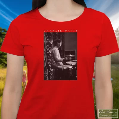 Women's Rolling Stones Charlie Watts T Shirt In Red, Front View On Dark Wood Background