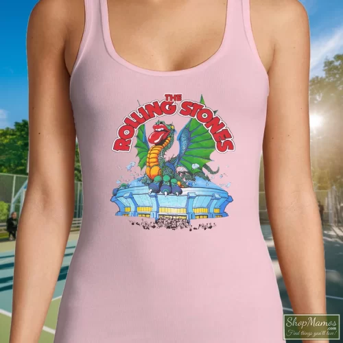 ROLLING STONES Dragon Tour 1981 White Women’s Tank Top – Light Pink Front View On Dark Wood Background Women's ROLLING STONES Dragon Tour 1981 White Tank Top In Light Pink, Front View On Dark Wood Background
