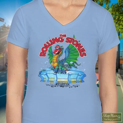Women's ROLLING STONES Dragon Tour 1981 White V Neck In Light Blue, Front View On Dark Wood Background