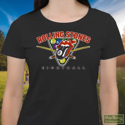 Women's Rolling Stones Eight Ball T Shirt In Black, Front View On Light Wood Background