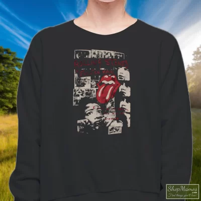Women's Rolling Stones Exile On Main Street Sweatshirt In Black, Front View On Light Wood Background