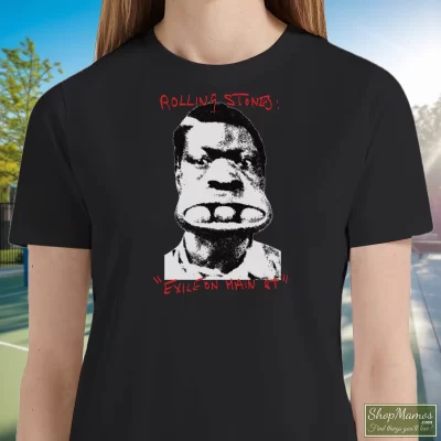Women's Rolling Stones Exile On Main Street T Shirt In Black, Front View On Light Wood Background