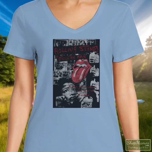 Rolling Stones Exile On Mainstreet Fade Women’s V Neck – Light Blue Front View On Dark Wood Background Women's Rolling Stones Exile On Mainstreet Fade V Neck In Light Blue, Front View On Dark Wood Background