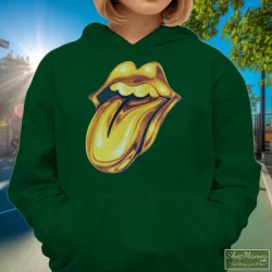Rolling Stones Golden Tongue Shirt 5 Women's Rolling Stones Golden Tongue Hoodie In Forest Green, Front View On Light Wood Background