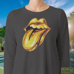 Rolling Stones Golden Tongue Shirt 2 Women's Rolling Stones Golden Tongue Long Sleeve In Charcoal, Front View On Dark Wood Background