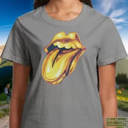 Rolling Stones Golden Tongue Shirt 7 Women's Rolling Stones Golden Tongue T Shirt In Sport Grey, Front View On Dark Wood Background