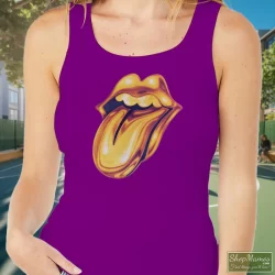 Rolling Stones Golden Tongue Shirt 8 Women's Rolling Stones Golden Tongue Tank Top In Purple, Front View On Light Wood Background