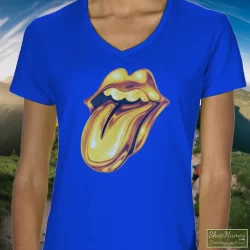Rolling Stones Golden Tongue Shirt 4 Women's Rolling Stones Golden Tongue V Neck In Royal Blue, Front View On Light Wood Background