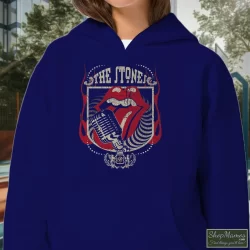 Rolling Stones Grey Distressed Forty 40 Licks Shirt 6 Women's Rolling Stones Grey Distressed Forty 40 Licks Hoodie In Navy, Front View On Light Wood Background