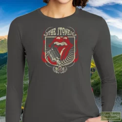 Rolling Stones Grey Distressed Forty 40 Licks Shirt 2 Women's Rolling Stones Grey Distressed Forty 40 Licks Long Sleeve In Charcoal, Front View On Dark Wood Background