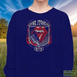 Rolling Stones Grey Distressed Forty 40 Licks Shirt 3 Women's Rolling Stones Grey Distressed Forty 40 Licks Sweatshirt In Navy, Front View On Light Wood Background