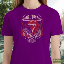 Rolling Stones Grey Distressed Forty 40 Licks Shirt 8 Women's Rolling Stones Grey Distressed Forty 40 Licks T Shirt In Purple, Front View On Light Wood Background