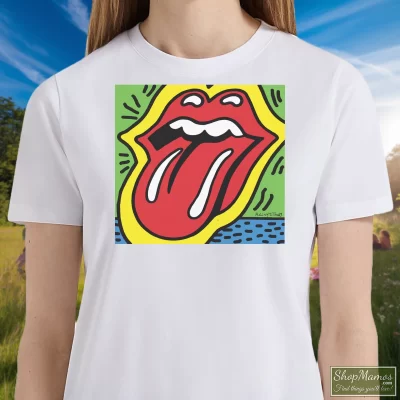Women's Rolling Stones Iconic Logo Tongue And Lip Pop Art Style Keith Haring Style T Shirt In White, Front View On Dark Wood Background