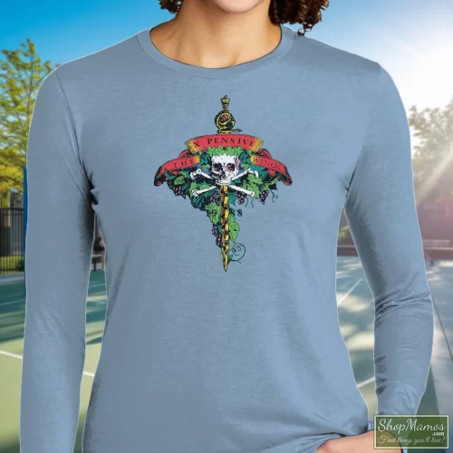 Rolling Stones Keith Richards And The X Pensive Winos Tour 1988 Women’s Long Sleeve – Light Blue Front View On Dark Wood Background Women's Rolling Stones Keith Richards And The X Pensive Winos Tour 1988 Long Sleeve In Light Blue, Front View On Dark Wood Background
