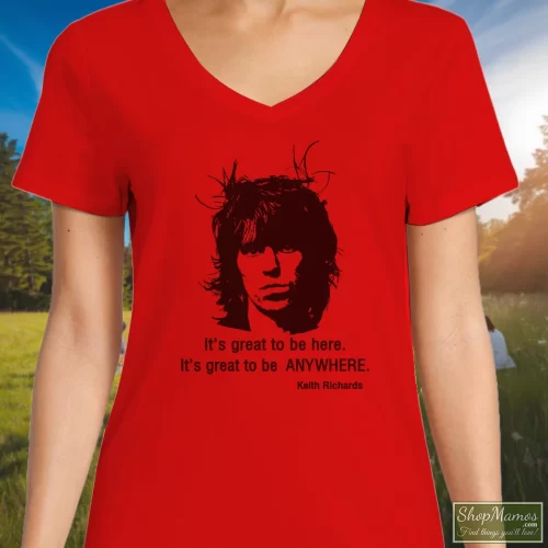 Rolling Stones Keith Richards It’s Great To Be Here Women’s V Neck – Red Front View On Dark Wood Background Women's Rolling Stones Keith Richards It's Great To Be Here V Neck In Red, Front View On Dark Wood Background