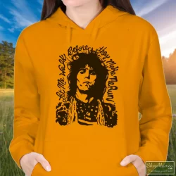 Rolling Stones Keith Richards Let Me Walk Before They Make Me Run Shirt 5 Women's Rolling Stones Keith Richards Let Me Walk Before They Make Me Run Hoodie In Orange, Front View On Dark Wood Background