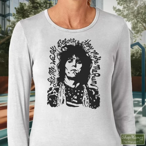 Rolling Stones Keith Richards Let Me Walk Before They Make Me Run Women’s Long Sleeve – White Front View On Dark Wood Background Women's Rolling Stones Keith Richards Let Me Walk Before They Make Me Run Long Sleeve In White, Front View On Dark Wood Background