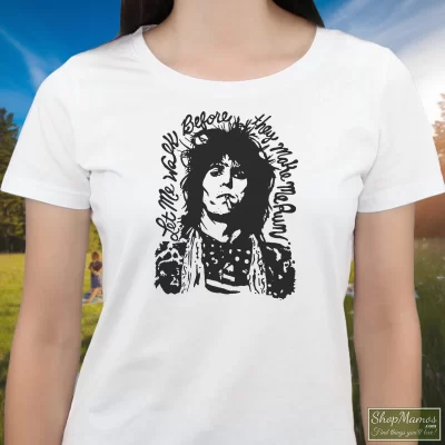 Women's Rolling Stones Keith Richards Let Me Walk Before They Make Me Run T Shirt In White, Front View On Dark Wood Background